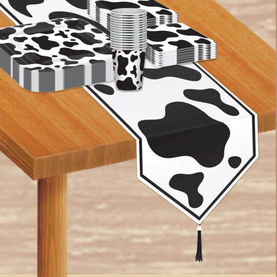 Party Central; Party Central Cow Print Disposable Table Runner - 72" - Black and White - Pack of 12; Category:Tablecloths; Image:1